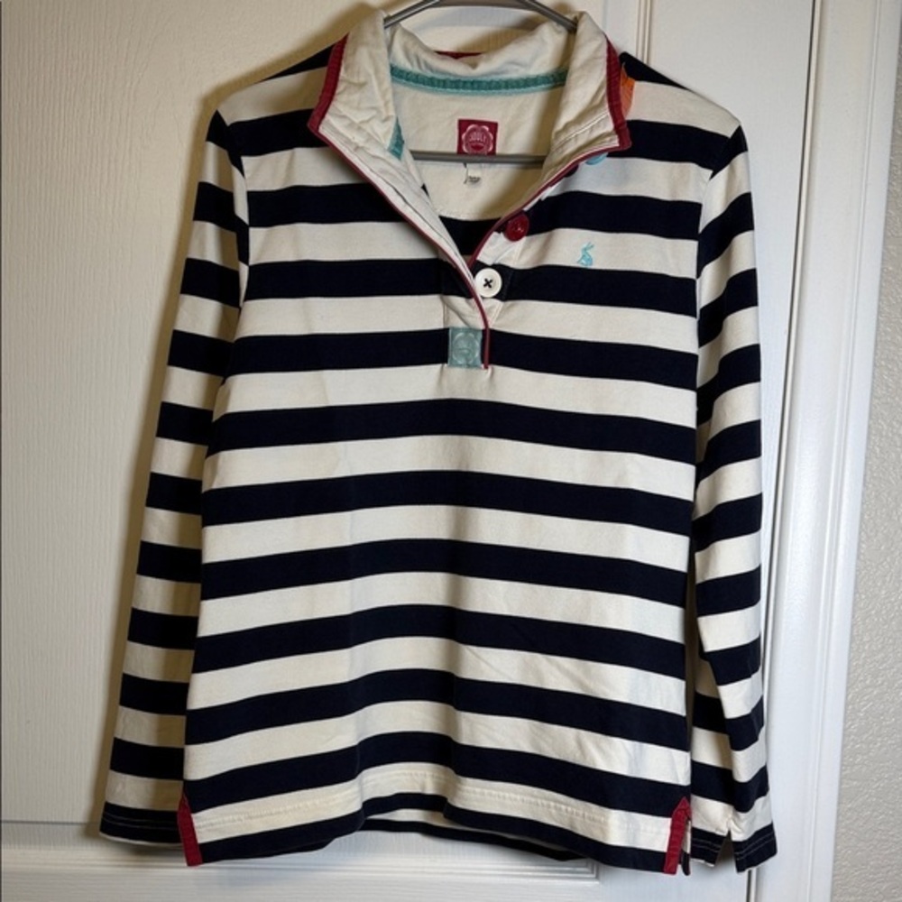 Joule Clothing Navy White Stripe Long Sleeve Polo Shirt Size 8 GUC #6005